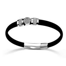 Black Rubber Simulated Diamond Pave Charm Bracelet in sterling silver