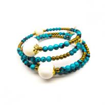 CLEO Real Shell Pearl, Turquoise and Golden Hematite Multi Row Bracelet