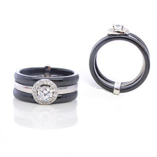 silver ring with black ceramic ring with cz